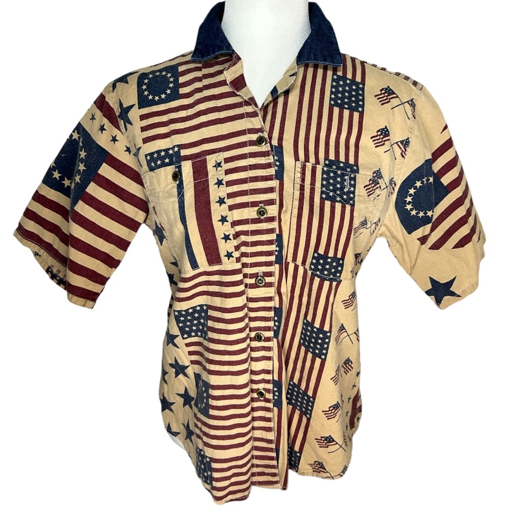 Vintage American Flag Short Sleeve Button Up Shirt 100%‎ Cotton - Size Small